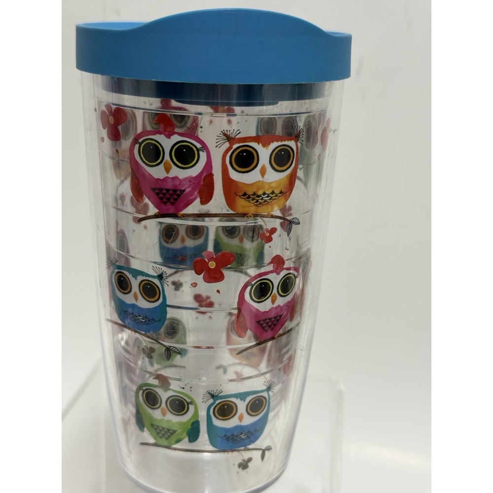 Tervis Owl Tumbler 16 oz Insulated Travel Cup Blue Lid Colorful Owls Made in USA
